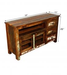 SOLID RECLAIMED TEAK WOOD & GLASS MEDIA CABINET WITH 3 DRAWERS & 2 DOORS