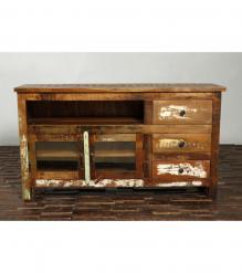 SOLID RECLAIMED TEAK WOOD & GLASS MEDIA CABINET WITH 3 DRAWERS & 2 DOORS