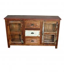 SOLID RECLAIMED TEAK WOOD & GLASS SIDEBOARD CONSOLE CABINET W/ 2 DOORS & 3 DRAWERS
