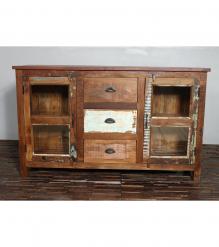 SOLID RECLAIMED TEAK WOOD & GLASS SIDEBOARD CONSOLE CABINET W/ 2 DOORS & 3 DRAWERS