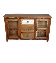 SOLID RECLAIMED TEAK WOOD & GLASS SIDEBOARD CABINET W/ 3 DRAWERS & 2 DOORS