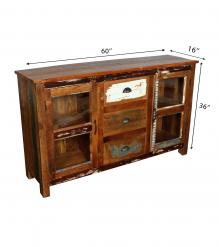 SOLID RECLAIMED TEAK WOOD & GLASS SIDEBOARD CABINET W/ 3 DRAWERS & 2 DOORS