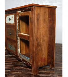 SOLID RECLAIMED TEAK WOOD & GLASS SIDEBOARD CABINET W/ 3 DRAWERS & 2 DOORS