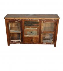 HAND CARVED SOLID RECLAIMED TEAK WOOD & GLASS SIDEBOARD