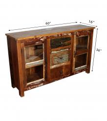HAND CARVED SOLID RECLAIMED TEAK WOOD & GLASS SIDEBOARD
