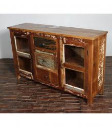 HAND CARVED SOLID RECLAIMED TEAK WOOD & GLASS SIDEBOARD