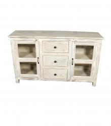 SOLID RECLAIMED TEAK WOOD & GLASS SIDEBOARD CABINET W/ 2 DOORS & 3 DRAWERS 