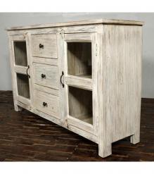 SOLID RECLAIMED TEAK WOOD & GLASS SIDEBOARD CABINET W/ 2 DOORS & 3 DRAWERS 