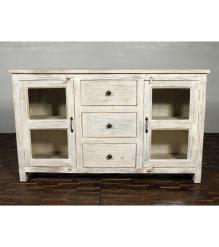 SOLID RECLAIMED TEAK WOOD & GLASS SIDEBOARD CABINET W/ 2 DOORS & 3 DRAWERS 