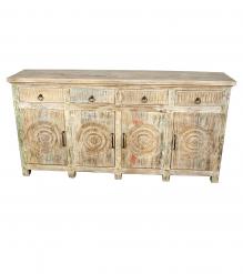SOLID RECLAIMED HAND CARVED TEAK WOOD SIDEBOARD CABINET W/ 4 DRAWERS & 4 DOORS