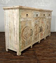 SOLID RECLAIMED HAND CARVED TEAK WOOD SIDEBOARD CABINET W/ 4 DRAWERS & 4 DOORS