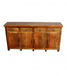 SOLID RECLAIMED HAND CARVED TEAK WOOD SIDEBOARD CABINET W/ 4 DRAWERS & 4 DOORS