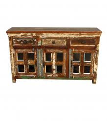 SOLID RECLAIMED TEAK WOOD & GLASS SIDEBOARD CABINET W/ 3 DRAWERS & 3 DOORS