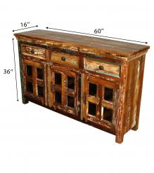 SOLID RECLAIMED TEAK WOOD & GLASS SIDEBOARD CABINET W/ 3 DRAWERS & 3 DOORS