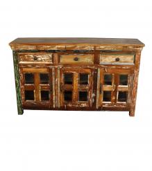 SOLID RECLAIMED TEAK WOOD & GLASS SIDEBOARD CABINET W/ 3 DRAWERS & 3 DOORS