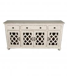 SOLID RECLAIMED TEAK WOOD & GLASS SIDEBOARD CONSOLE W/ 4 DRAWERS & 4 DOORS