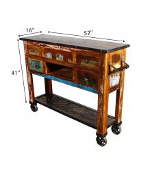 SOLID RECLAIMED TEAK WOOD SIDEBOARD ISLAND W/ 5 DRAWERS & CASTERS
