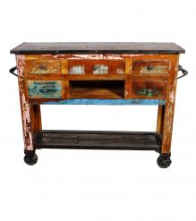 SOLID RECLAIMED TEAK WOOD SIDEBOARD ISLAND W/ 5 DRAWERS & CASTERS