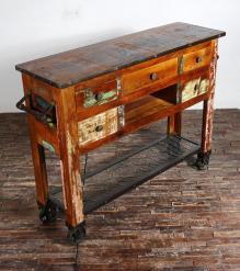 SOLID RECLAIMED TEAK WOOD SIDEBOARD ISLAND W/ 5 DRAWERS & CASTERS