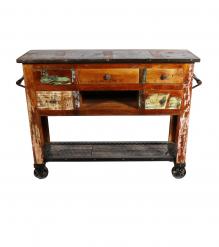 SOLID RECLAIMED TEAK WOOD SIDEBOARD ISLAND W/ 5 DRAWERS & CASTERS