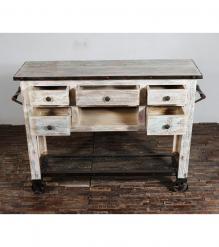 SOLID RECLAIMED TEAK WOOD SIDEBOARD ISLAND W/ 5 DRAWERS & CASTERS