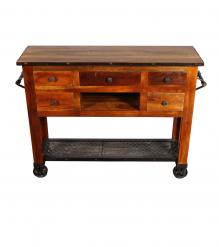 SOLID RECLAIMED TEAK WOOD SIDEBOARD ISLAND W/ 5 DRAWERS & CASTERS
