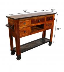 SOLID RECLAIMED TEAK WOOD SIDEBOARD ISLAND W/ 5 DRAWERS & CASTERS