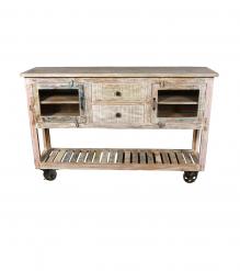 SOLID RECLAIMED TEAK WOOD SIDEBOARD W/  2 DRAWERS 2 DOORS & OPEN SHELF