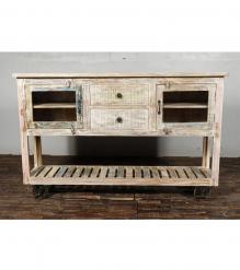 SOLID RECLAIMED TEAK WOOD SIDEBOARD W/  2 DRAWERS 2 DOORS & OPEN SHELF