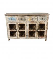 SOLID RECLAIMED TEAK WOOD SIDEBOARD W/ DECORATIVE IRON 4 DRAWERS & 4 DOORS