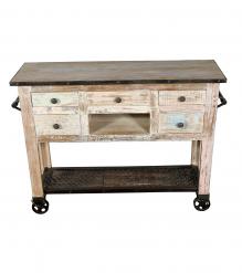 SOLID RECLAIMED TEAK WOOD CONSOLE ISLAND ON CASTERS W/ 5 DRAWERS