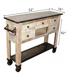 SOLID RECLAIMED TEAK WOOD CONSOLE ISLAND ON CASTERS W/ 5 DRAWERS