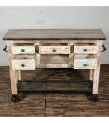 SOLID RECLAIMED TEAK WOOD CONSOLE ISLAND ON CASTERS W/ 5 DRAWERS