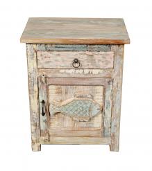 SOLID RECLAIMED TEAK WOOD NIGHTSTAND END TABLE W/ CARVED FISH