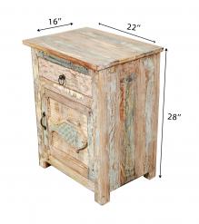 SOLID RECLAIMED TEAK WOOD NIGHTSTAND END TABLE W/ CARVED FISH