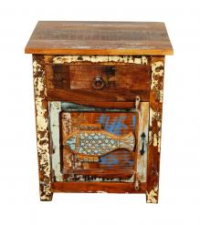 SOLID RECLAIMED TEAK WOOD NIGHTSTAND END TABLE W/ CARVED FISH