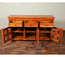 SOLID RECLAIMED TEAK & GLASS 3 DOOR, 3 DRAWER  CABINET CONSOLE SIDEBOARD