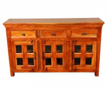 SOLID RECLAIMED TEAK & GLASS 3 DOOR, 3 DRAWER  CABINET CONSOLE SIDEBOARD