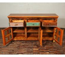 SOLID RECLAIMED TEAK & GLASS 3 DOOR, 3 DRAWER  CABINET CONSOLE SIDEBOARD