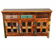 SOLID RECLAIMED TEAK & GLASS 3 DOOR, 3 DRAWER  CABINET CONSOLE SIDEBOARD