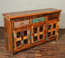 SOLID RECLAIMED TEAK & GLASS 3 DOOR, 3 DRAWER  CABINET CONSOLE SIDEBOARD