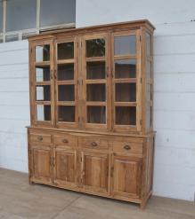 STUNNING SOLID RECLAIMED TEAK WOOD & GLASS 2 PIECE HUTCH W/ DRAWERS & DOORS