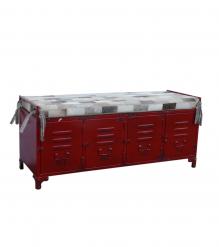 IRON & LEATHER LOCKER STYLE BENCH TRUNK W/ 4 STORAGE COMPARTMENTS