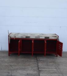 IRON & LEATHER LOCKER STYLE BENCH TRUNK W/ 4 STORAGE COMPARTMENTS