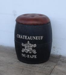 SOLID WOOD BARREL STORAGE STOOL W/ UPHOLSTERED LEATHER COVER
