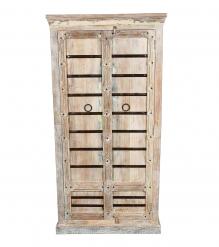 RECLAIMED CARVED WOOD STORAGE CABINET W/ IRON DETAILS