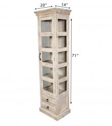 SOLID RECLAIMED TEAK WOOD & GLASS DISPLAY CASE TOWER WITH 2 DRAWERS