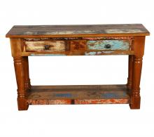 SOLID RECLAIMED TEAK WOOD CONSOLE WITH 2 DRAWERS & SHELF