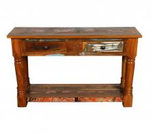 SOLID RECLAIMED TEAK WOOD CONSOLE WITH 2 DRAWERS & SHELF