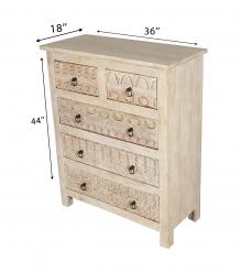 SOLID RECLAIMED TEAK WOOD HAND CARVED DRESSER BUREAU CABINET 5 DRAWERS